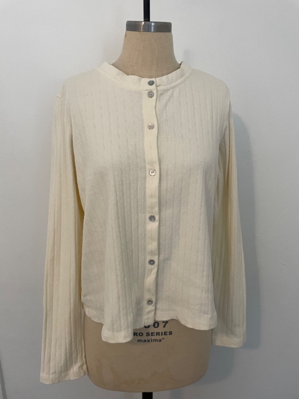 Donni Pointelle Long Sleeve Eyelet Rib Button Up Top, White / Cream, Size Small